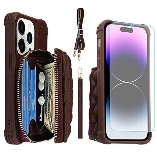 MONASAY iPhone 14 Pro Max (6,7”) Handyhülle Leder Reißverschluss Hülle Geldbörse RFID mit Credit Card Slots und Standfunktion, Handykette Lederhülle Schutzhülle, Braun von MONASAY