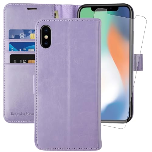 MONASAY Handyhülle Fit für iPhone X/XS Hülle 5.8 Zoll,[Schutzfolie][Kartenfach][Standfunktion][Magnet],Stoßfeste Schutzhülle,Premium Leder Flip Case,Lavendel von MONASAY