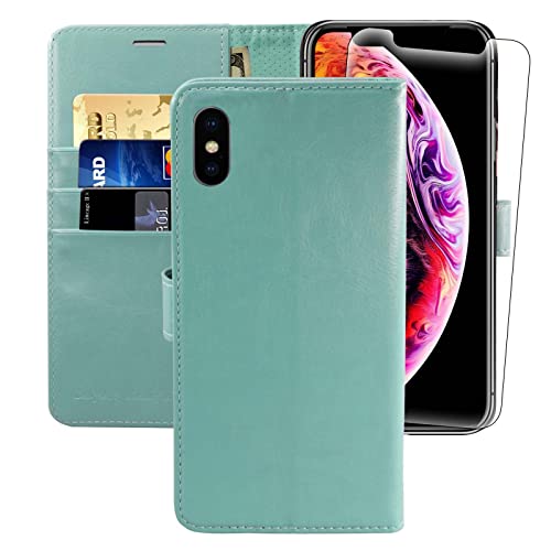 MONASAY Handyhülle Fit für iPhone X/XS Hülle 5.8 Zoll,[Schutzfolie][Kartenfach][Standfunktion][Magnet],Stoßfeste Schutzhülle,Premium Leder Flip Case,Mintgrün von MONASAY