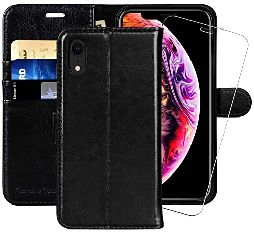 MONASAY iPhone XR Handyhülle,6.1 Zoll, [Schutzfolie][Kartenfach][Standfunktion][Magnet],Stoßfeste Schutzhülle,Premium Leder Flip Case für Apple iPhone XR, Schwarz von MONASAY