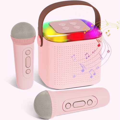 Karaoke Maschine Kinder Geschenk Mädchen, Tragbarer Mini Bluetooth Karaoke Lautsprecher mit 2 kabellosen Mikrofonen und LED-Lichtern für Heimparty - Rosa von MONODEAL