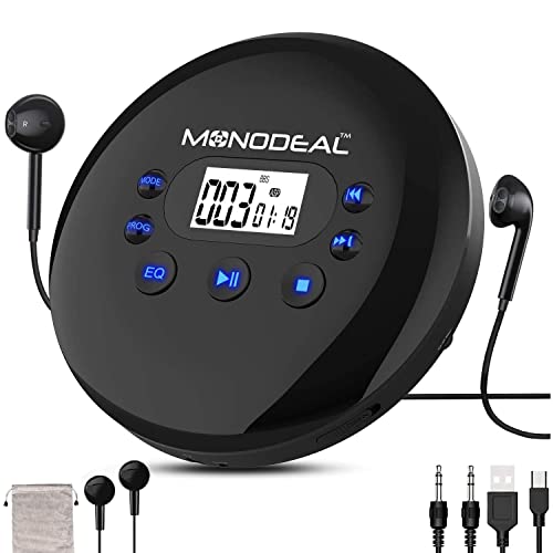 MONODEAL CD Player Tragbar, Wiederaufladbarer CD Player mit Kopfhörer, Tragbar Discman CD Player mit LCD-Display/USB-Ladekabel/AUX-Kabel, für Auto Kinder Studenten Erwachsene von MONODEAL