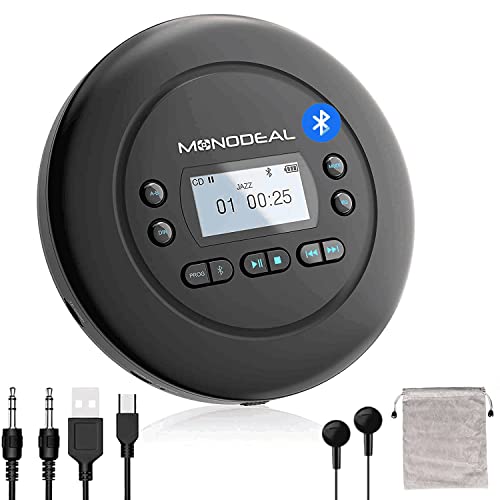 MONODEAL Tragbarer CD Player Bluetooth, Wiederaufladbar Discman für Auto und Kinder, Anti-Skip, klein mit Kopfhörer von MONODEAL