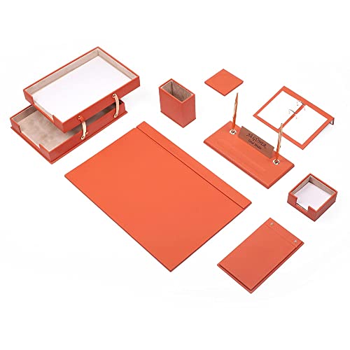 Schreibtisch-Set aus Leder – Schreibtischunterlage – Notizpapierhalter – Stifthalter – Lederuntersetzer – Schreibtischzubehör – Schreibtisch-Organizer – orange (10-teiliges Doppelfach) von MOOGCO