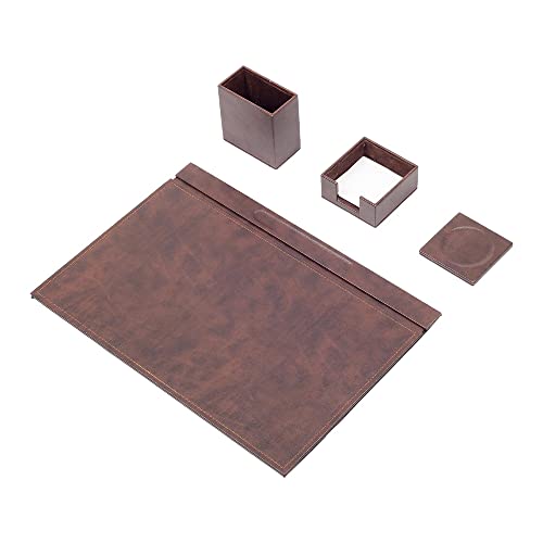 Schreibtisch-Set aus Leder – Schreibtischunterlage – Notizpapierhalter – Stifthalter – Lederuntersetzer – 4 Zubehörteile – Schreibtisch-Organizer – 4 Stück (Brown) von MOOGCO