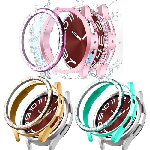MOOISVS Schutzhülle für Galaxy Watch 6 Classic, 43 mm, Bling Rahmen, Schutzhülle, kompatibel mit Samsung Galaxy Watch 6 (3 Packungen, Gold/Rosa/Grün), 43 mm, 3 Stück von MOOISVS