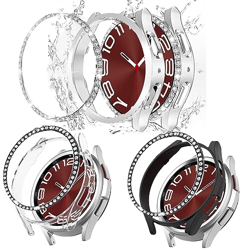 MOOISVS Schutzhülle für Galaxy Watch 6 Classic, 43 mm, Bling-Rahmen, Schutzhülle, kompatibel mit Samsung Galaxy Watch 6 (3 Packungen, Schwarz/Silber/Transparent), 43 mm, 3 Stück von MOOISVS