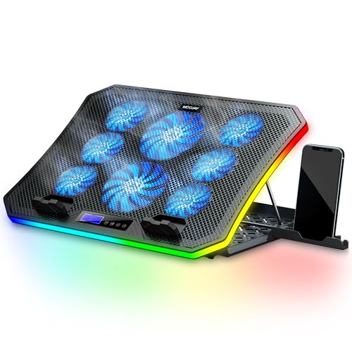 Laptop Kühler RGB Gaming Notebook Kühlpads für Schreibtisch und Schoß, MOOJAY Laptop Lüfter Ständer 8 Höhenverstellbar mit 8 Leisen Lüfter+Handyständer, für 15,6-17,3 Zoll Laptop - Blau LED Licht von MOOJAY
