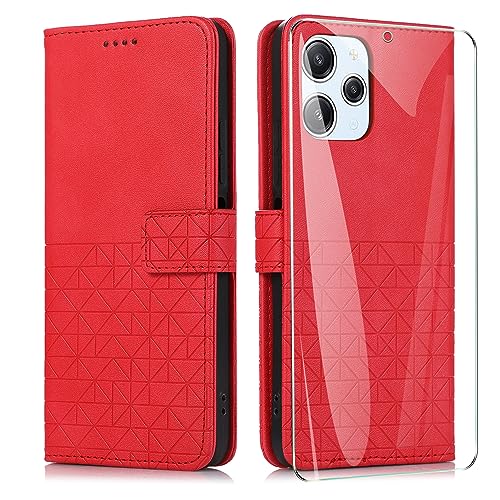 MOONESS Handyhülle für Xiaomi Redmi 12 4G / 5G (6,79 Zoll) Hülle Leder + Schutzfolie,Schutzhülle für Xiaomi Redmi 12 4G / 5G,Magnetisch PU Leder Tasche Case für Xiaomi Redmi 12 4G / 5G - Rot von MOONESS