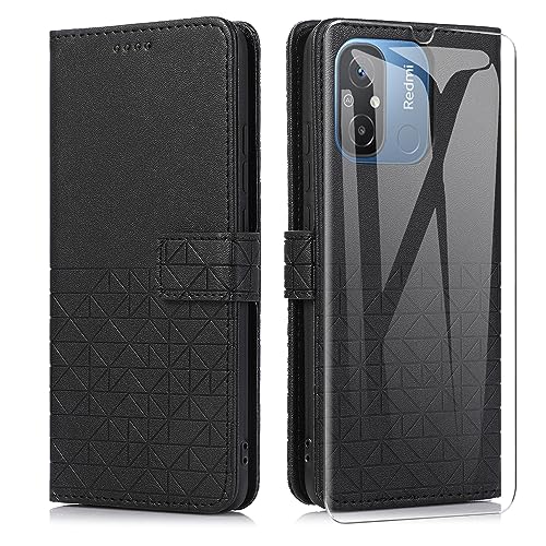 MOONESS Handyhülle für Xiaomi Redmi 12C / Redmi 11A (6.71 Zoll) Hülle Leder + Schutzfolie,Schutzhülle für Xiaomi Redmi 12C,Magnetisch PU Leder Tasche Case für Xiaomi Redmi 12C / Redmi 11A - Schwarz von MOONESS