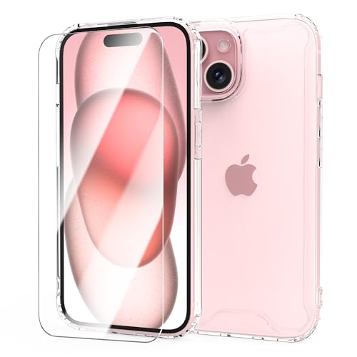 MOONESS Hülle kompatibel mit iPhone 15 6,1 Zoll,Handyhülle für iPhone 15 6,1 Zoll mit Schutzfolie,Silikon TPU mit PC Schutzhülle Backcover - Transparent von MOONESS