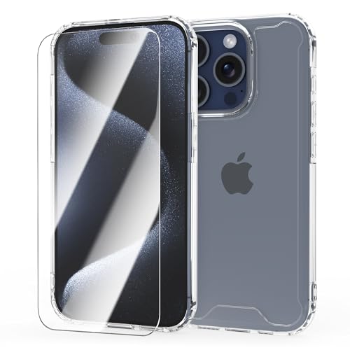 MOONESS Hülle kompatibel mit iPhone 15 Pro 6,1 Zoll,Handyhülle für iPhone 15 Pro 6,1 Zoll mit Schutzfolie,Silikon TPU mit PC Schutzhülle Backcover - Transparent von MOONESS