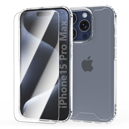 MOONESS Hülle kompatibel mit iPhone 15 Pro Max 6,7 Zoll,Handyhülle für iPhone 15 Pro Max 6,7 Zoll mit Schutzfolie,Silikon TPU mit PC Schutzhülle Backcover - Transparent von MOONESS