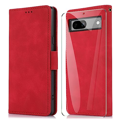 MOONESS Schutzhülle für Google Pixel 7A Hülle Leder + Schutzfolie,Handyhülle für Google Pixel 7A,Magnetisch PU Leder Tasche Case für Google Pixel 7A - Rot von MOONESS