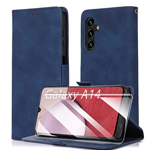 MOONESS Schutzhülle für Samsung Galaxy A14 4G / 5G Hülle Leder + Schutzfolie,Handyhülle für Samsung Galaxy A14 4G / 5G,Magnetisch PU Leder Tasche Case für Samsung Galaxy A14 4G / 5G - Blau von MOONESS