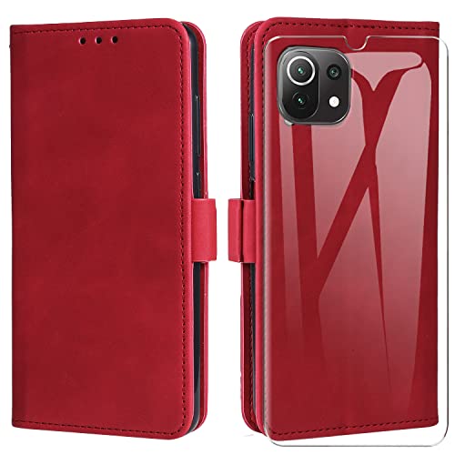 MOONESS Schutzhülle für Xiaomi Mi 11 Lite Hülle Leder + Panzerglas,Handyhülle für Xiaomi Mi 11 Lite,Magnetisch PU Leder Tasche Case für Xiaomi Mi 11 Lite - Rot von MOONESS