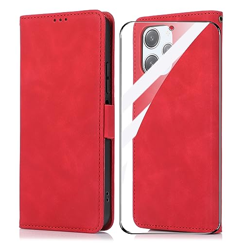 MOONESS Schutzhülle für Xiaomi Redmi 12 4G / 5G (6.79 Zoll) Hülle Leder + Schutzfolie,Handyhülle Magnetisch PU Leder Tasche Case für Xiaomi Redmi 12 4G / 5G - Rot von MOONESS