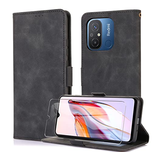 MOONESS Schutzhülle für Xiaomi Redmi 12C / Redmi 11A Hülle Leder + Schutzfolie,Handyhülle für Xiaomi Redmi 12C / 11A,Magnetisch PU Leder Tasche Case für Xiaomi Redmi 12C / 11A - Schwarz von MOONESS