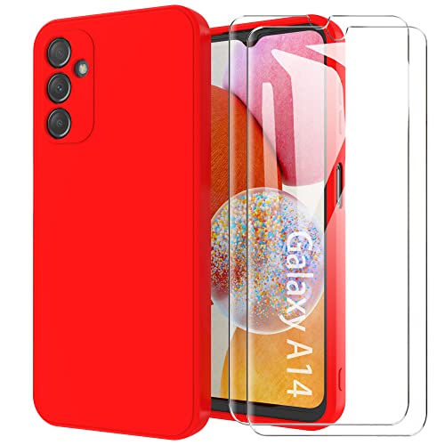 MOONESS kompatibel mit Samsung Galaxy A14 4G / 5G Hülle,Handyhülle für Samsung Galaxy A14 4G / 5G mit 2 Stück Schutzfolie,Liquid Silikon TPU Schutzhülle Dünn Backcover - Rot von MOONESS