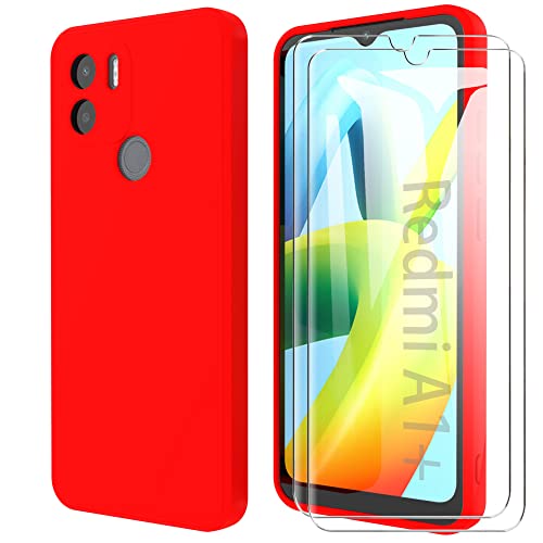 MOONESS kompatibel mit Xiaomi Redmi A1+ (A1 Plus) Hülle,Handyhülle für Xiaomi Redmi A1 Plus 4G mit 2 Stück Schutzfolie,Liquid Silikon TPU Schutzhülle Dünn Backcover - Rot von MOONESS