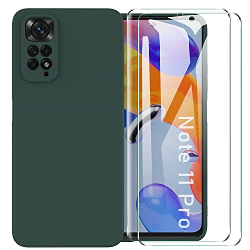 MOONESS kompatibel mit Xiaomi Redmi Note 11 Pro Hülle,Handyhülle für Xiaomi Redmi Note 11 Pro mit 2 Stück Displayschutz,Liquid Silikon TPU Schutzhülle Dünn Backcover - Dunkelgrün von MOONESS