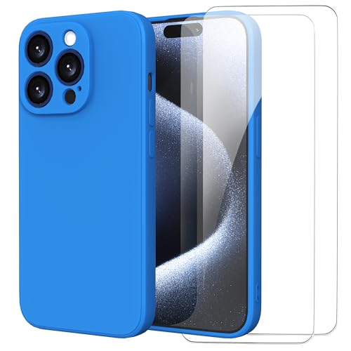 MOONESS kompatibel mit iPhone 15 Pro 6.1 Zoll Hülle,Handyhülle für iPhone 15 Pro 6.1 Zoll mit 2 Stück Schutzfolie,Liquid Silikon TPU Schutzhülle Dünn Backcover - Bleu von MOONESS