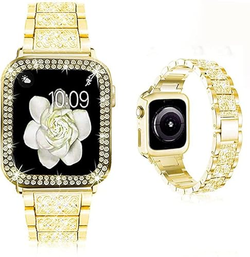 MOOTES Kompatibel mit Apple Watch Armband 38mm Edelstahl Damen Diamant Strassarmband, für iWatch SE Serie 7/6/5/4/3/2/1 mit Bling Schutzhülle(38mm,Gold) von MOOTES
