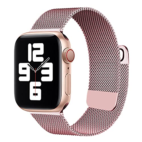 MOOTES Kompatibel mit Apple Watch Armband 42mm 44mm 45mm, Edelstahl Mesh Armband mit Magnet für iWatch Serie 7/SE/6/5/4/3/2/1(42mm/44mm/45mm,Rosa) von MOOTES