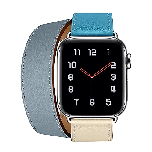 MOOTES Sport Lederbänder,Kompatibel mit Apple Watch Armband 38mm 40mm 41mm,Echtes Leder Double Tour Armbänder für iWatch Series 7/SE/6/5/4/3/2/1 - Himmelblau/Weiß von MOOTES