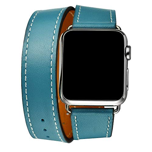 MOOTES Sport Lederbänder,Kompatibel mit Apple Watch Armband 42mm 44mm 45mm,Echtes Leder Double Tour Armbänder für iWatch Series 7/SE/6/5/4/3/2/1 - Blau von MOOTES