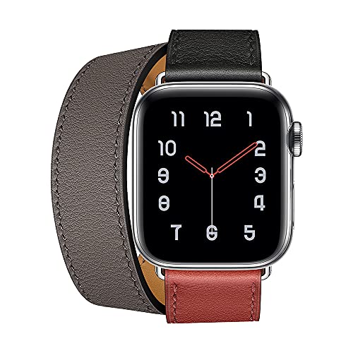 MOOTES Sport Lederbänder,Kompatibel mit Apple Watch Armband 42mm 44mm 45mm,Echtes Leder Double Tour Armbänder für iWatch Series 7/SE/6/5/4/3/2/1 - Grau/Rot von MOOTES