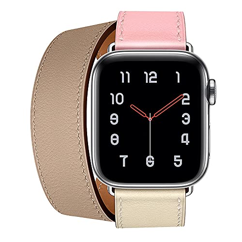 MOOTES Sport Lederbänder,Kompatibel mit Apple Watch Armband 42mm 44mm 45mm,Echtes Leder Double Tour Armbänder für iWatch Series 7/SE/6/5/4/3/2/1 - Rosa/Weiß/Kaki von MOOTES