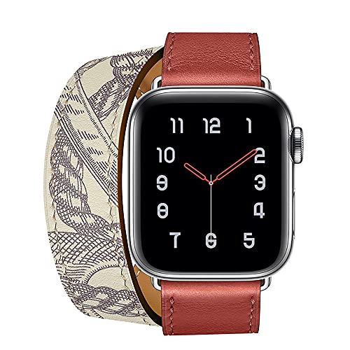 MOOTES Sport Lederbänder,Kompatibel mit Apple Watch Armband 42mm 44mm 45mm,Echtes Leder Double Tour Armbänder für iWatch Series 7/SE/6/5/4/3/2/1 - Rot/Muster von MOOTES