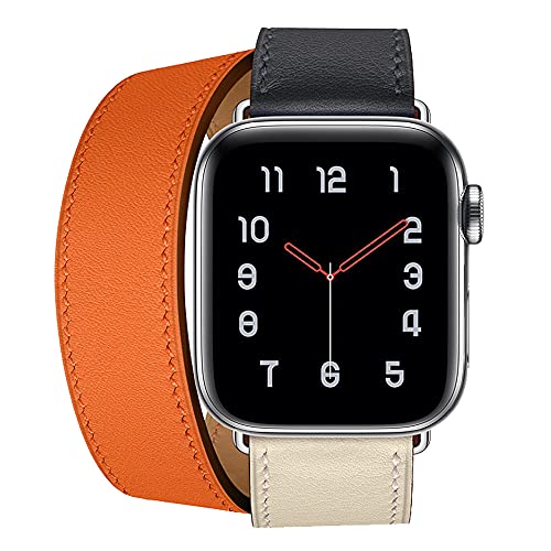 MOOTES Sport Lederbänder,Kompatibel mit Apple Watch Armband 42mm 44mm 45mm,Echtes Leder Double Tour Armbänder für iWatch Series 7/SE/6/5/4/3/2/1 - Weiß/Blau/Orange von MOOTES
