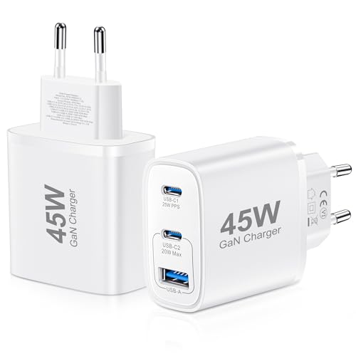 USB C Ladegerät 45W GAN 2er-Pack Netzteil für Samsung Galaxy S25/S24/S23/S22/S21 iPhone 16 15 14 Pro Max 13 12,3 Port Typ C USB Mehrfach PPS Schnellladegerät für Samsung/iPhone/iPad (Weiß) von MORELOCO