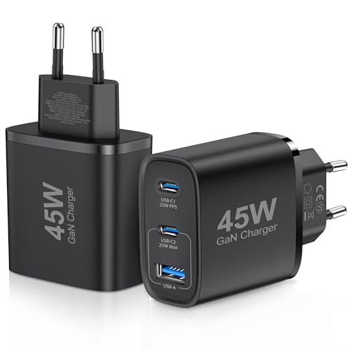 2er-Pack USB C Ladegerät 45W Netzteil GAN für iPhone/Samsung Galaxy S25/S24/S23/S22/S21 iPhone 16/15/14/13/12/11 Pro Max,3 Port Typ C USB Mehrfach PPS Schnellladegerät (Schwarz) von MORELOCO
