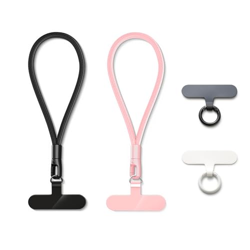 MORSUNBELA 2 Stück Handykette Kurz, Handyband Kurz Universal Handykette Handgelenkriemen Lanyards, Handyanhänger für Handys Kameras Schlüssel (Schwarz + Hellrosa) von MORSUNBELA