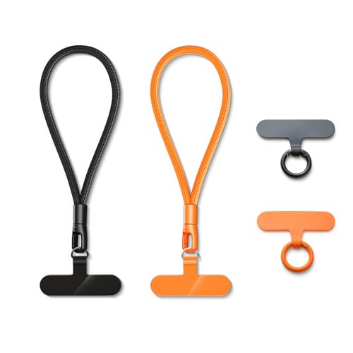 MORSUNBELA 2 Stück Handykette Kurz, Handyband Kurz Universal Handykette Handgelenkriemen Lanyards, Handyanhänger für Handys Kameras Schlüssel (Schwarz + Orange) von MORSUNBELA