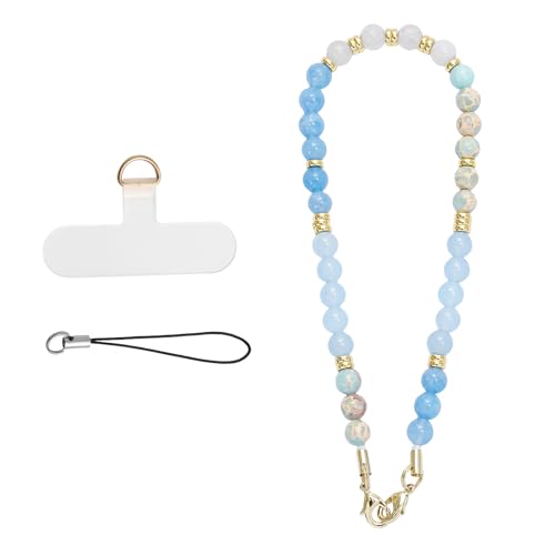 MORSUNBELA Handykette Kurz, Handyanhänger Perlen, Handgelenk Handy Anhänger, Handy Perlen Schlüsselband Handykette Perlen, Universal Handyband (Blau weiß) von MORSUNBELA