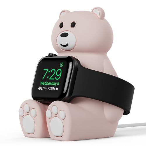 MOSHOU Cute Bear Ladeständer, kompatibel mit Apple Watch Serie 8/7/6/SE/5/4/3/2/1 (45 mm, 44 mm, 42 mm, 41 mm, 40 mm, 38 mm), weiches Silikon, Nachttisch-Modus, für Zuhause, Büro, Schule (Rosa) von MOSHOU
