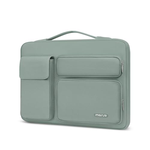 MOSISO 360 Schützend Laptop Hülle Kompatibel mit MacBook Air 15 M3 M2 2024 2023/Pro 15 A1990 A1707,HP Stream 14,Dell XPS 15,Seitlich Offene Tasche mit 2 Erhöht&1 Klappe Taschen&Gürtel,Antikes Grün von MOSISO