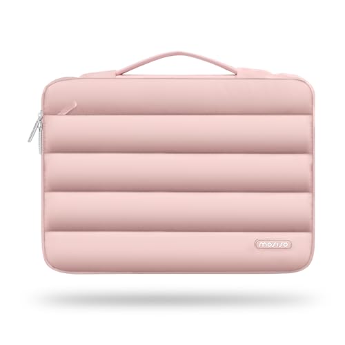 MOSISO 360 Schützende Puffy Laptop Hülle 13-14 Zoll für Frauen Männer, Tragetasche Kompatibel mit MacBook Air M2 M1, Kompatibel mit MacBook Pro 13/14, Horizontale Side Open Tasche mit Gürtel, Rosa von MOSISO