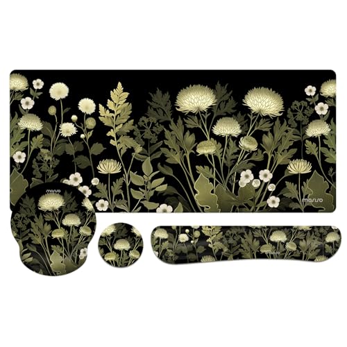 MOSISO Handgelenkauflage für Tastatur Mauspad Set,Wilde Chrysantheme Großes Mauspad&Tastaturund Mousepa und Untersetzer,Ergonomisches Rutschfestes Mauspad mit Memory Foam Hause/Büro,Schwarz von MOSISO
