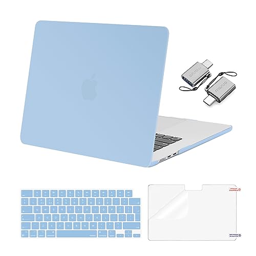 MOSISO Hülle Kompatibel mit MacBook Air 15 Zoll M3 A3114 M2 A2941 2023 2024 Liquid Retina Display Touch ID,Plastik Hartschale Case&Tastaturschutz&Displayschutz&Typ C Adapter 2er Pack,Luft Blau von MOSISO