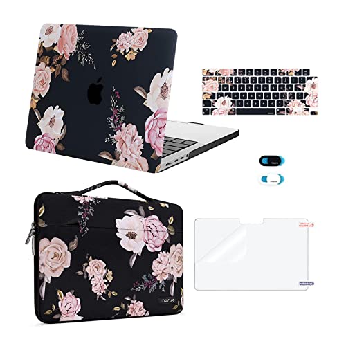 MOSISO Hülle Kompatibel mit MacBook Pro 14 Zoll 2023-2021 M3 M2 M1 Chip Pro Max,Plastik Pfingstrose Hartschale Case&Tasche&Tastaturschutz&Displayschutzfolie&Webcam Abdeckung,Schwarz von MOSISO