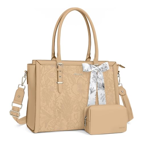 MOSISO Laptop Tasche für Frauen,15,6-16 Zoll PU Leder Tote Bag Kompatibel mit MacBook,HP,Dell,Asus Notebook, Geprägter Retro Hibiskus Computertasche mit Seidenschal&Clutch Geldbörse,Aprikose von MOSISO