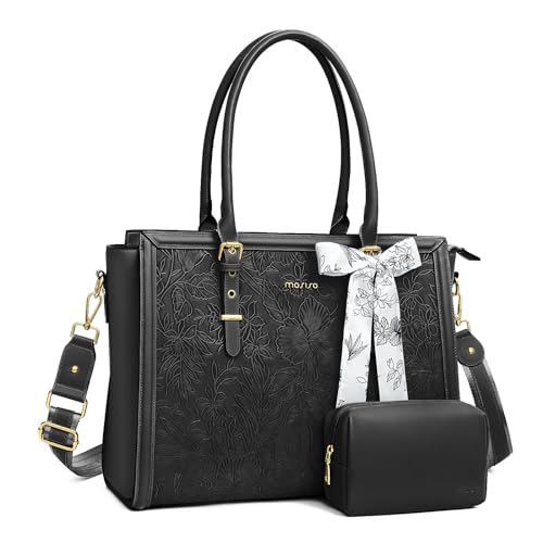 MOSISO Laptop Tasche für Frauen,15,6-16 Zoll PU Leder Tote Bag Kompatibel mit MacBook,HP,Dell,Asus Notebook, Geprägter Retro Hibiskus Computertasche mit Seidenschal&Clutch Geldbörse,Schwarz von MOSISO