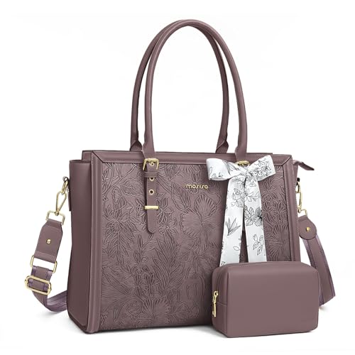 MOSISO Laptop Tasche für Frauen,15,6-16 Zoll PU Leder Tote Bag Kompatibel mit MacBook,HP,Dell,Asus Notebook, Geprägter Retro Hibiskus Computertasche mit Seidenschal&Clutch Geldbörse,Schiefer Lila von MOSISO