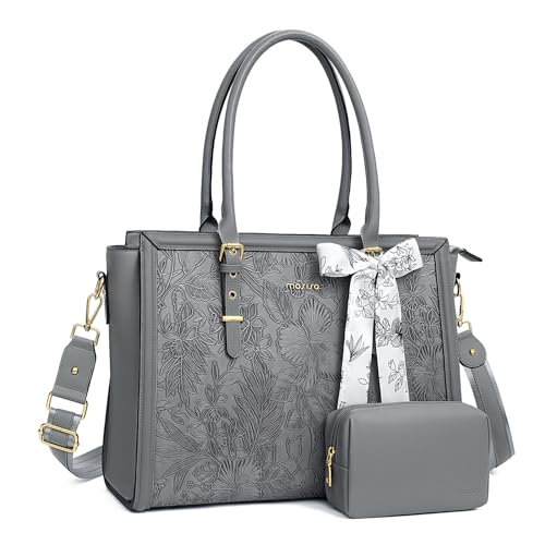 MOSISO Laptop Tasche für Frauen,15,6-16 Zoll PU Leder Tote Bag Kompatibel mit MacBook,HP,Dell,Asus Notebook, Geprägter Retro Hibiskus Computertasche mit Seidenschal&Clutch Geldbörse,Grau von MOSISO