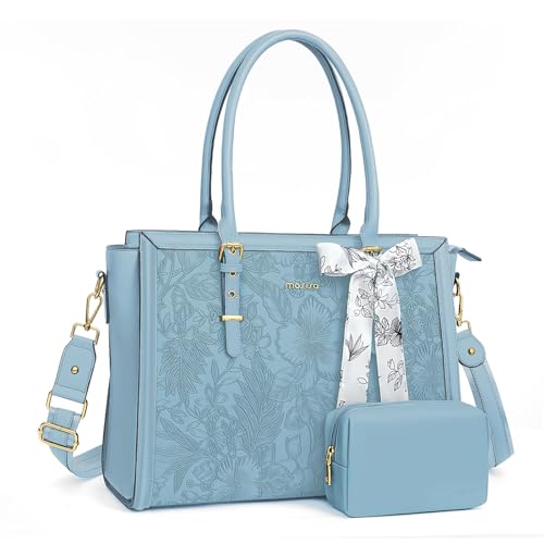 MOSISO Laptop Tasche für Frauen,17,3 Zoll PU Leder Tote Bag Kompatibel mit MacBook,HP,Dell,Asus Notebook, Geprägter Retro Hibiskus Computertasche mit Seidenschal&Clutch Geldbörse,Luft Blau von MOSISO